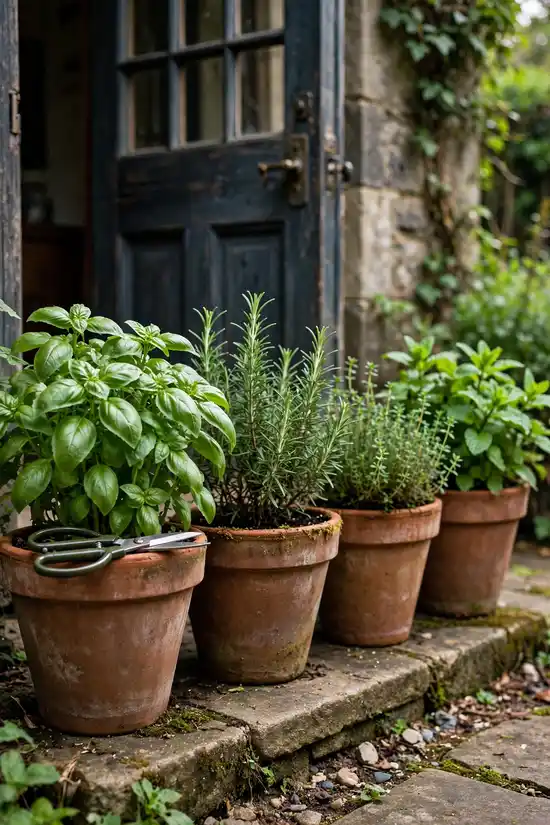 Terracotta pots of basil, rosemary, thyme and mint by a door