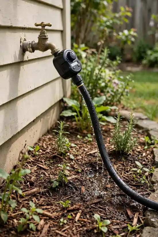 Hose timer on a spigot watering a mulched garden bed automatically