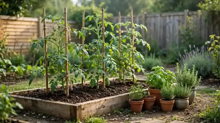 Thriving backyard vegetable garden with a mulched raised bed