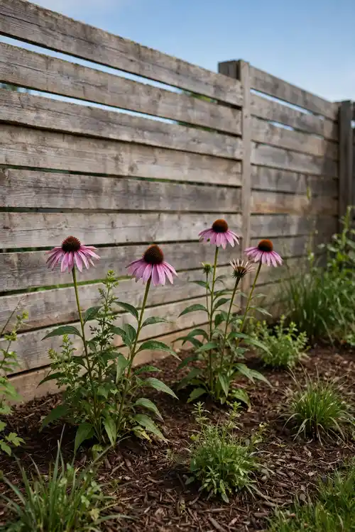 Perennial border with coneflowers and grasses along a fence