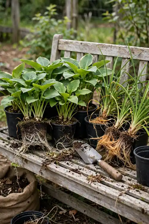 Divided perennial clumps shared between gardeners in nursery pots