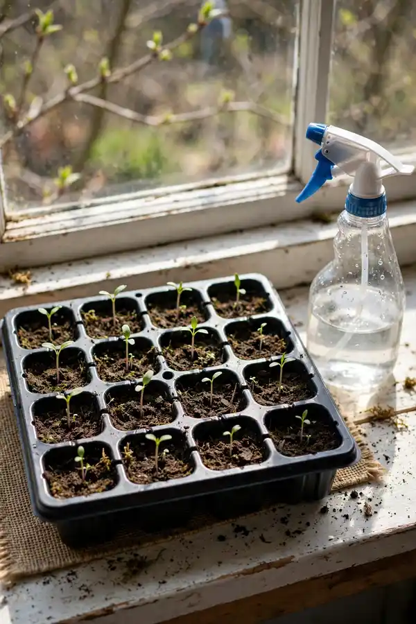 Seedlings emerging in a seed-starting tray on a windowsill