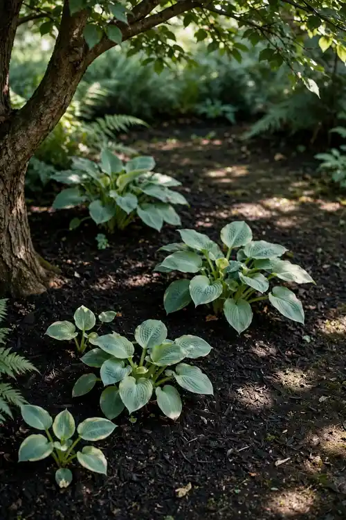 Shade garden corner with hostas and ferns under a tree