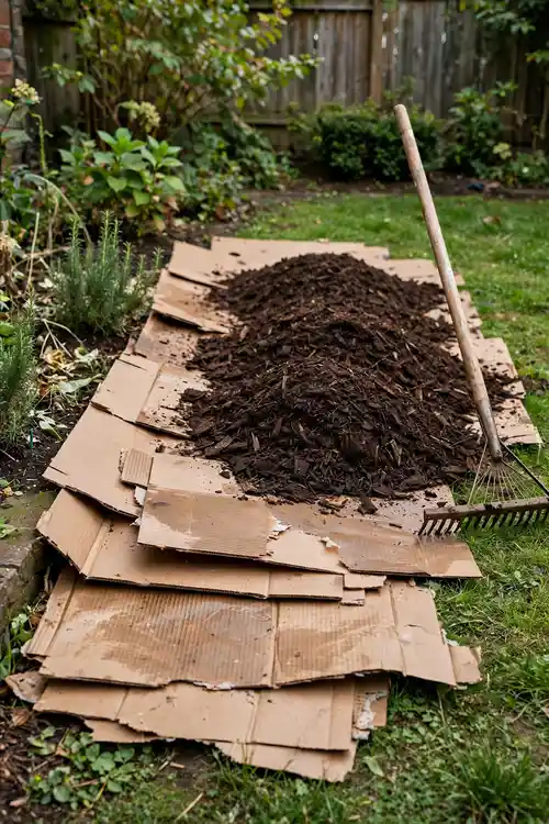 Sheet mulching with cardboard and mulch for a no-dig garden bed