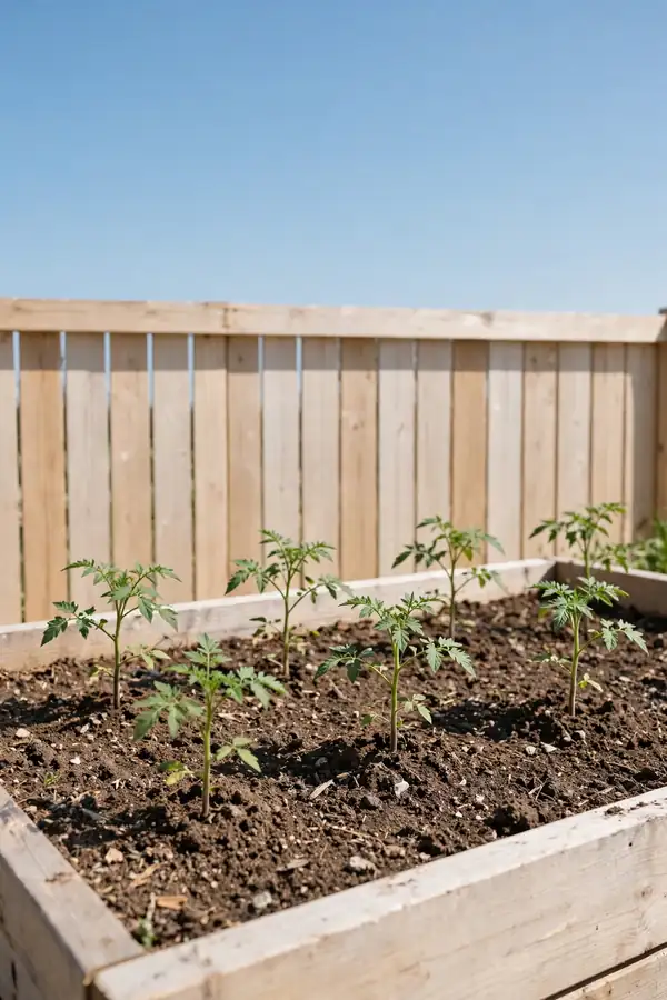 Vegetable bed thriving in the sunniest part of a backyard