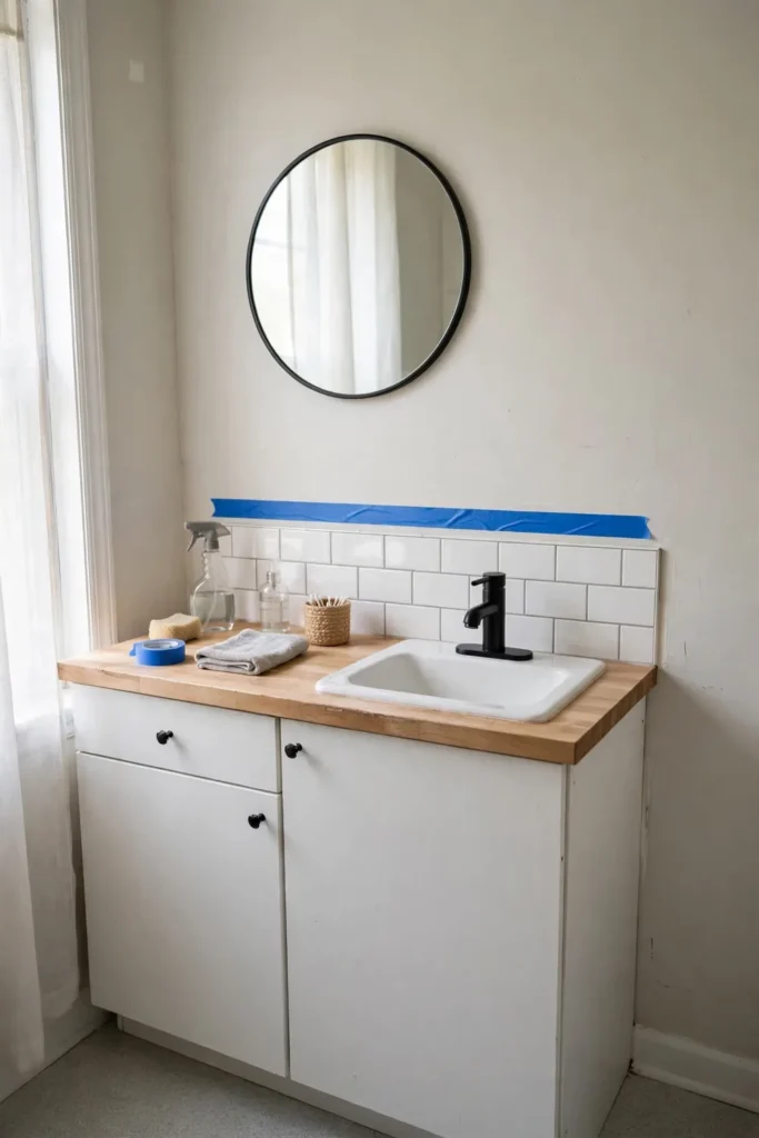Short four-inch bathroom backsplash in white tile