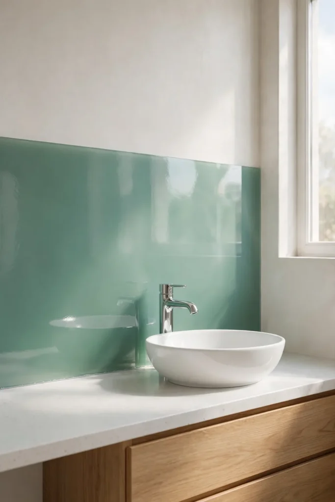 Glass sheet bathroom backsplash for a seamless look