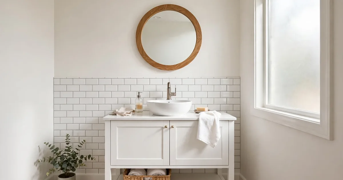 Bright small bathroom with a white subway tile backsplash and round mirror