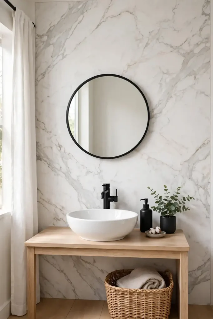 Large marble-look panel as a bathroom backsplash
