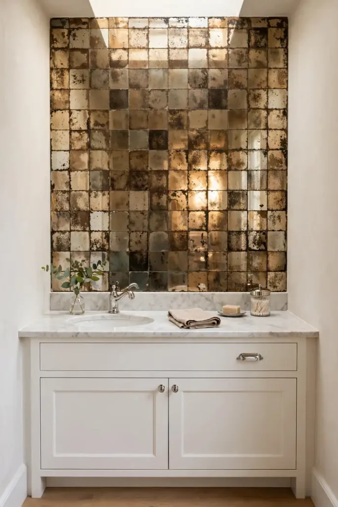Mirrored tile bathroom backsplash doubling the light