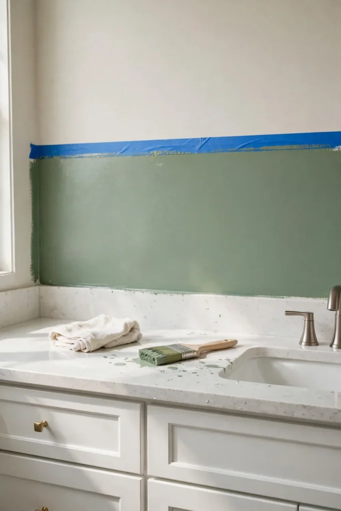 Painted backsplash band above a bathroom vanity