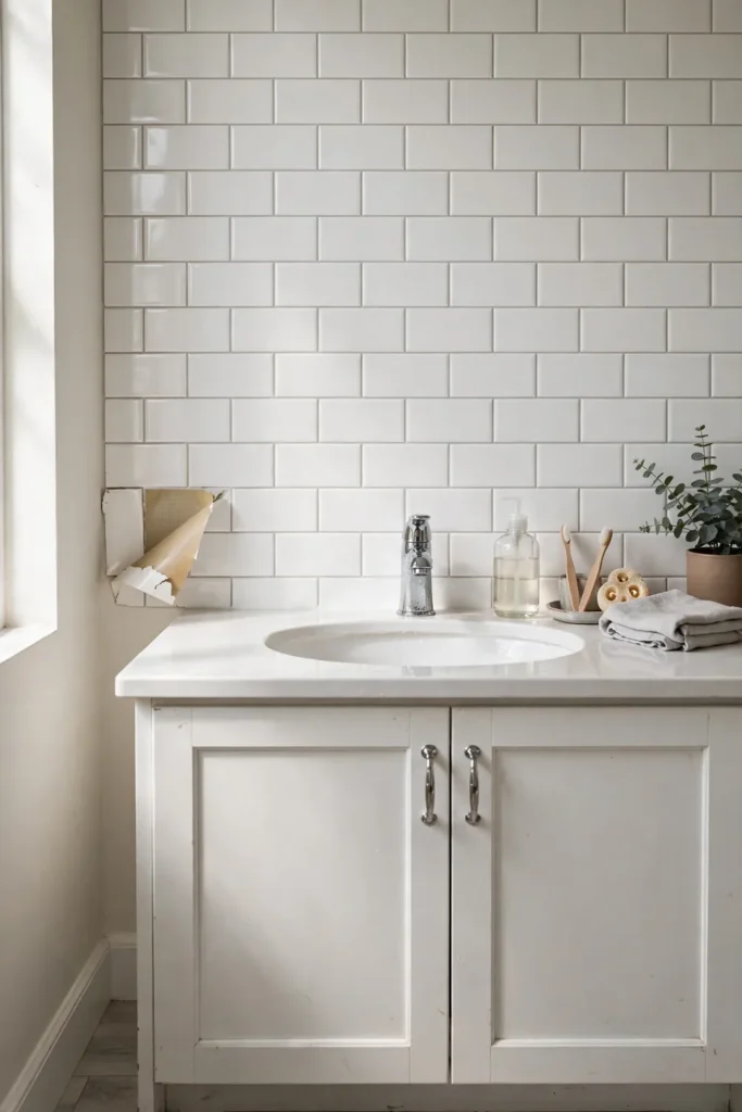 Peel-and-stick subway tile bathroom backsplash behind a vanity