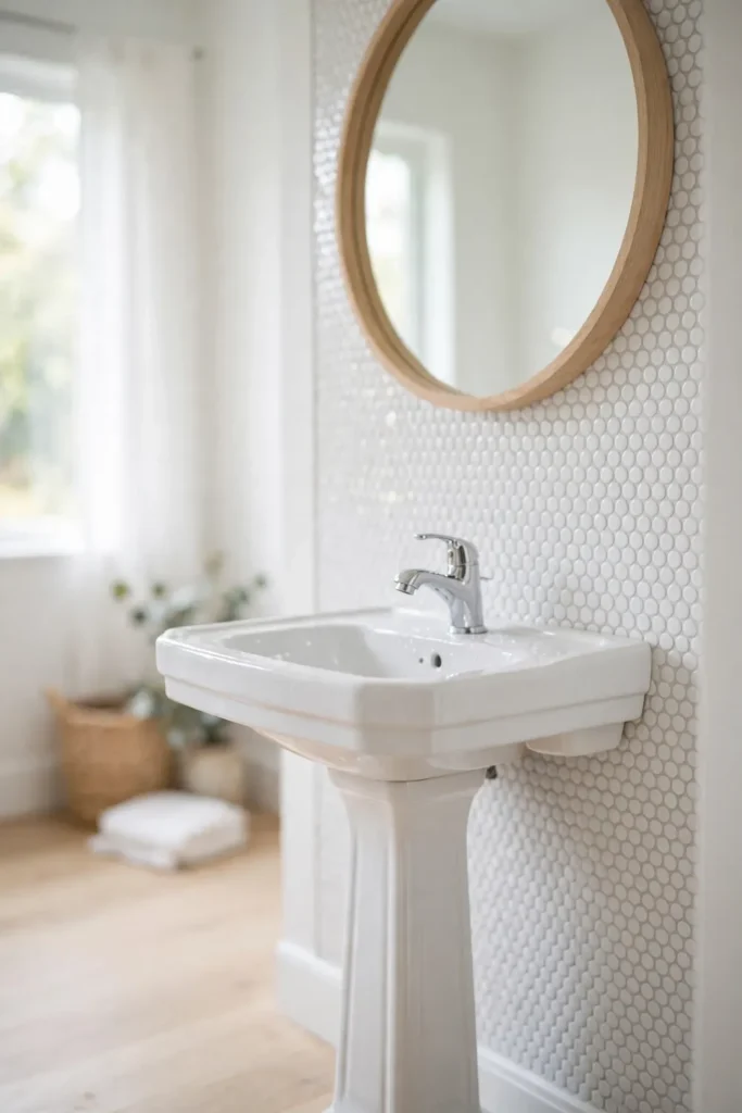 White penny tile bathroom backsplash with pale grout