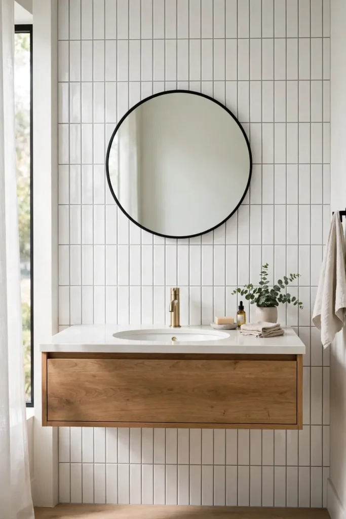 Vertical subway tile bathroom backsplash lifting the ceiling