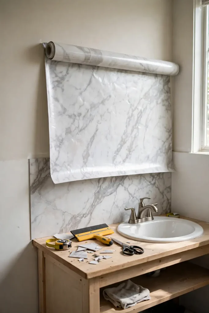 Vinyl tile roll used as a budget bathroom backsplash