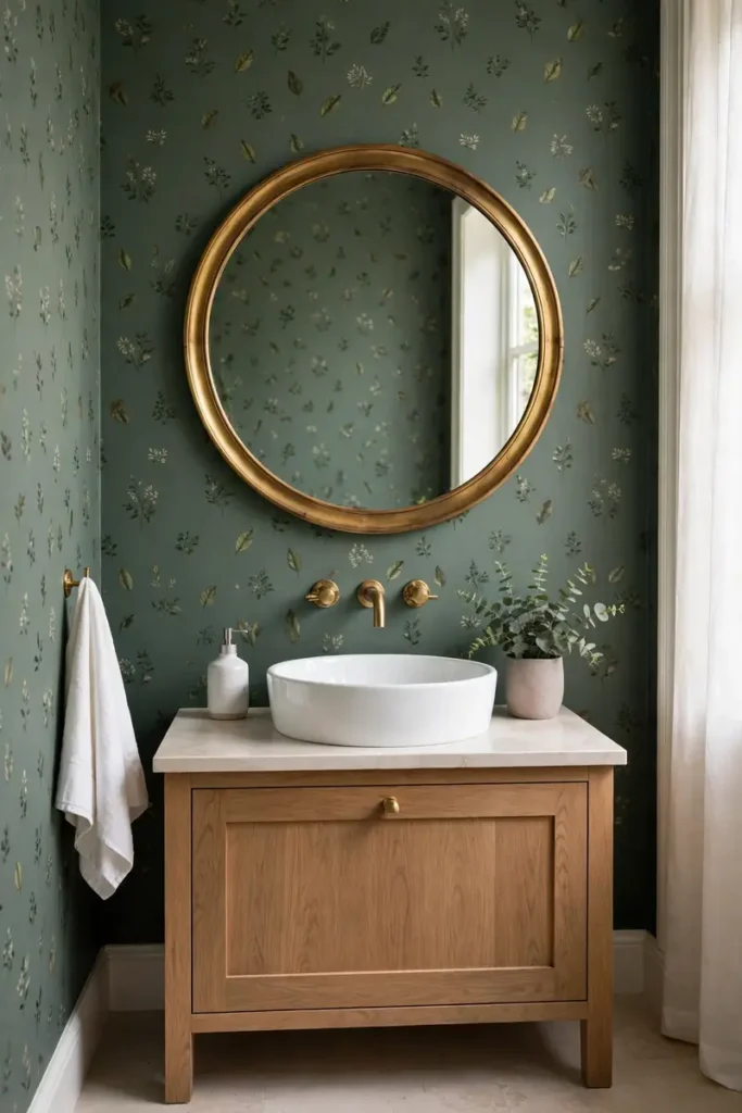 Botanical wallpaper used as a bathroom backsplash behind the vanity