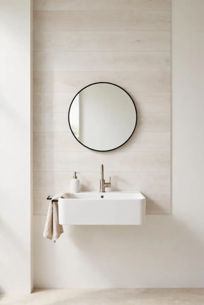 Wood-look plank bathroom backsplash in a powder room