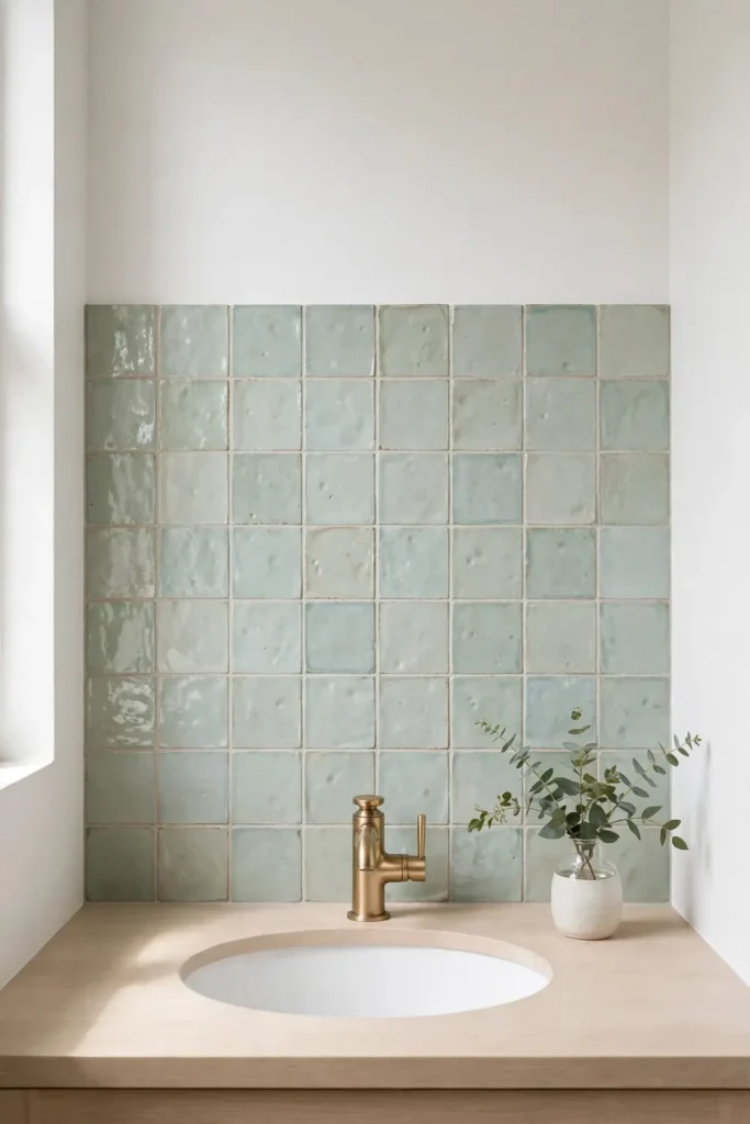 Zellige-look stick tile bathroom backsplash in sea green