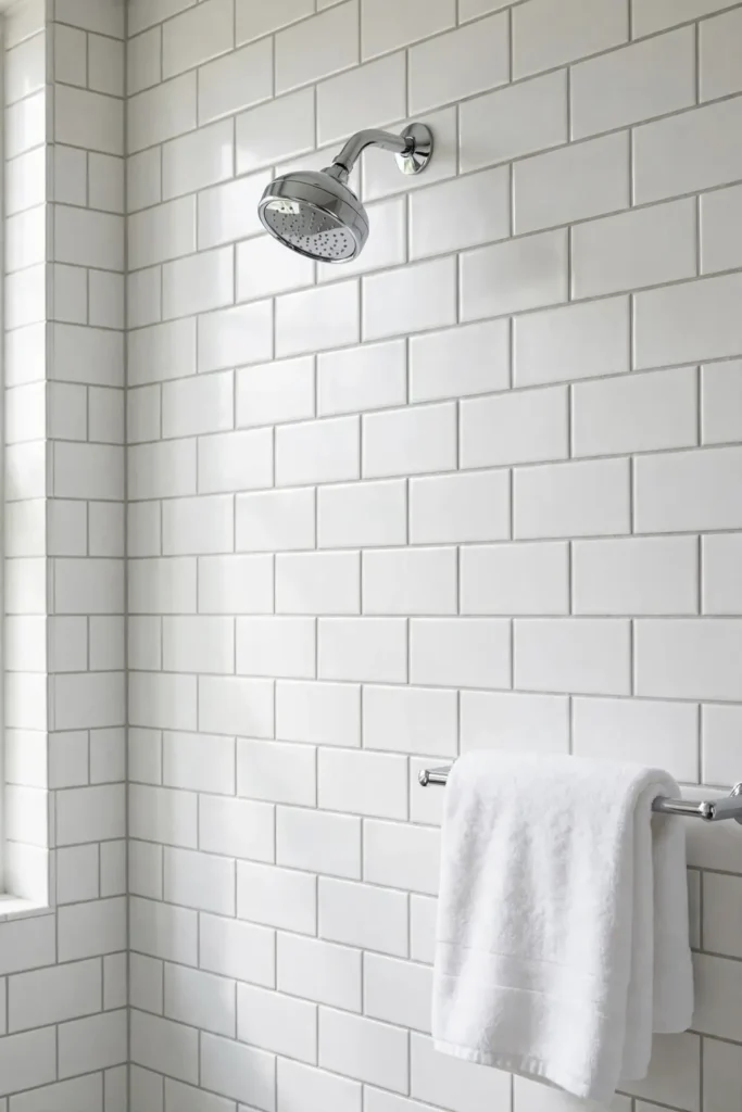 White subway tile with fresh clean grout in a bathroom