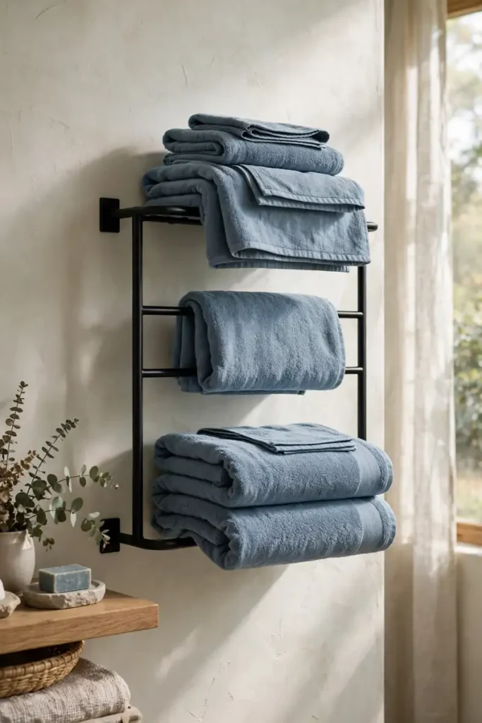 Coordinating dusty-blue towels as a bathroom color scheme