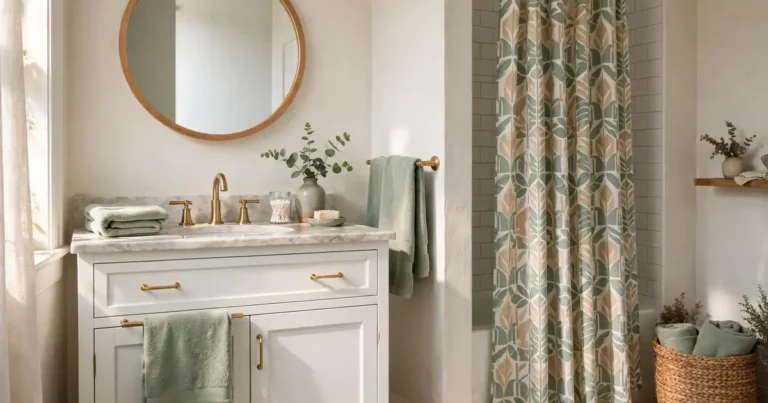 Styled small bathroom with round mirror, sage towels and shower curtain