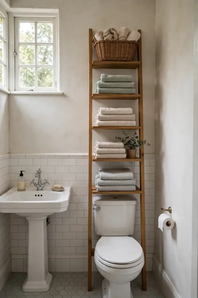 Ladder shelf over the toilet adding storage without a vanity