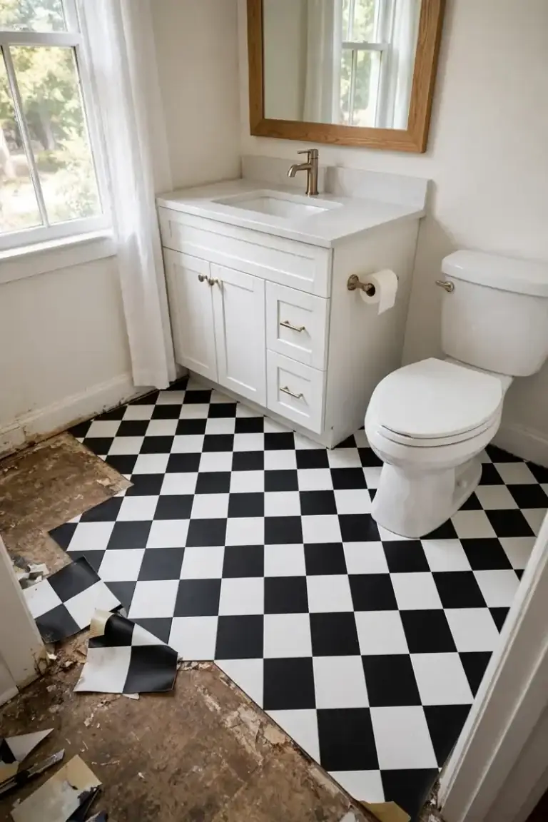 Peel-and-stick checkerboard floor tile in a small bathroom