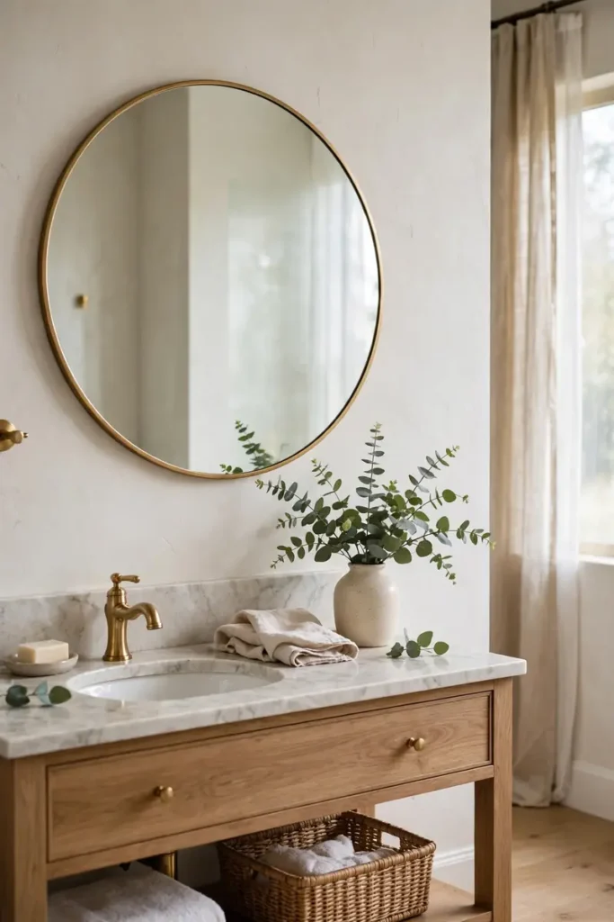 Round brass mirror above a bathroom vanity as the focal point