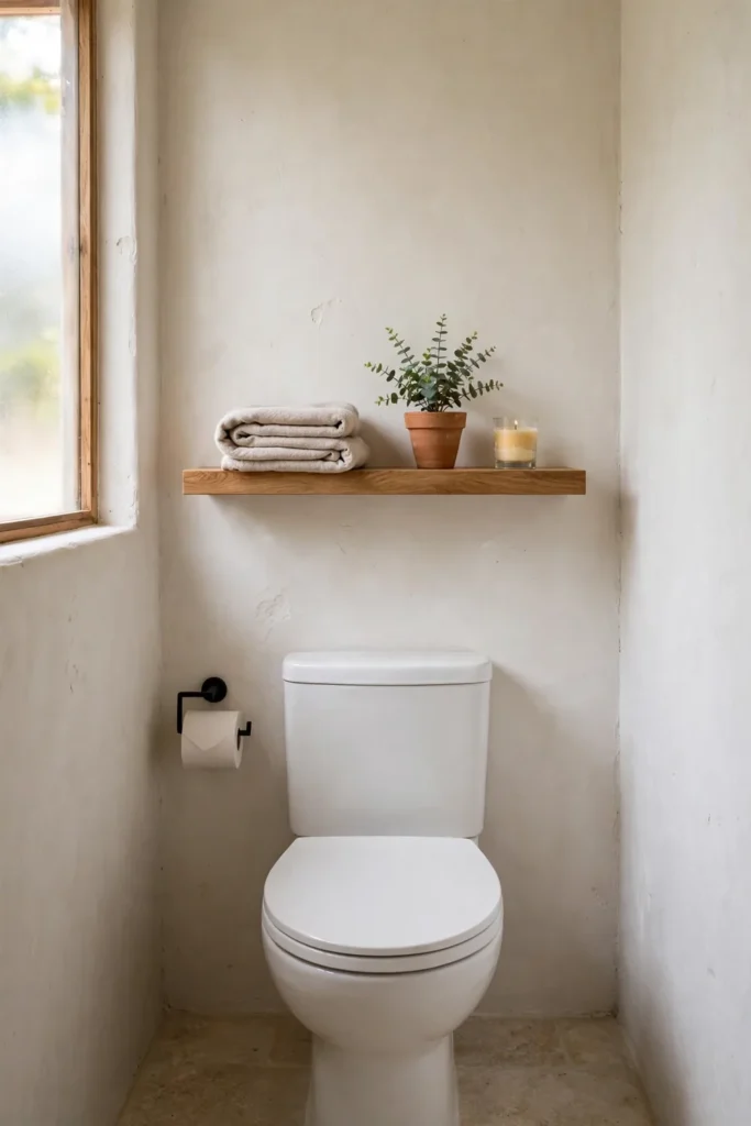 Single floating shelf styled above the toilet in a bathroom