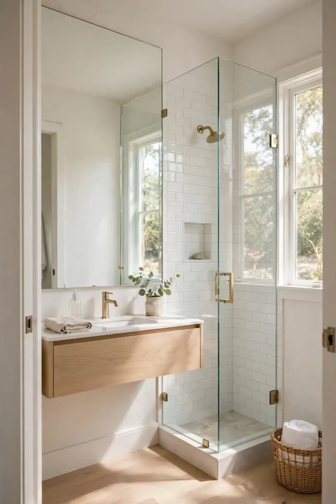 Tiny bathroom made to feel bigger with a large mirror and glass panel