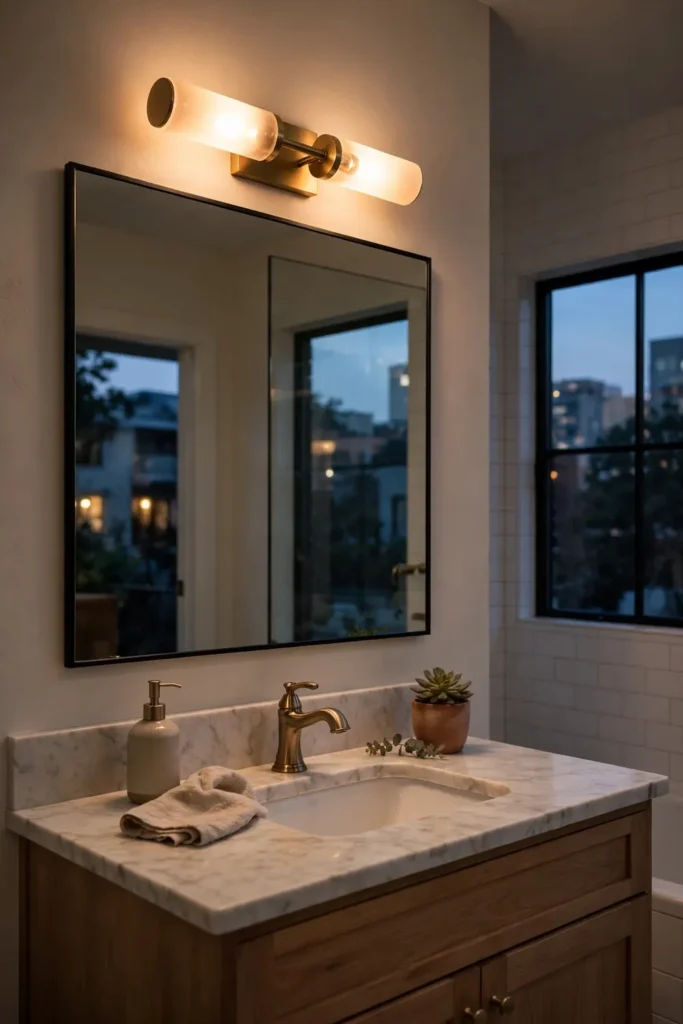 New vanity light fixture glowing warmly above a bathroom mirror