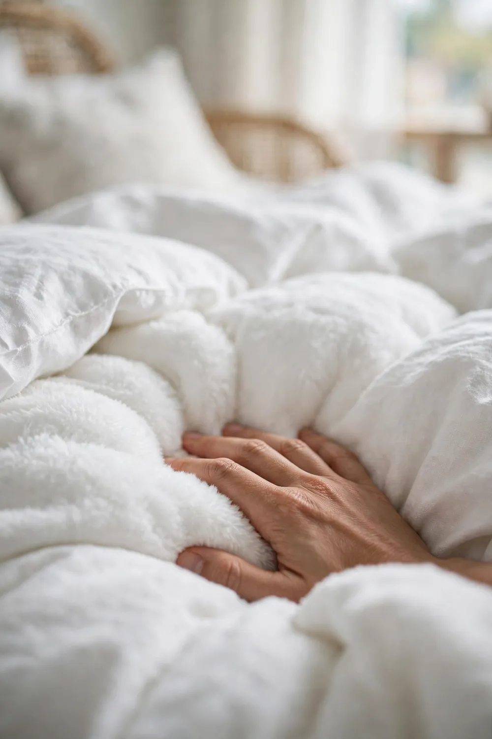 Plush white duvet showing loft in a coastal bedroom