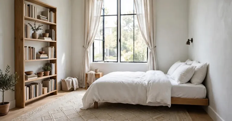 Small bedroom that feels spacious with a corner bed and tall bookcase