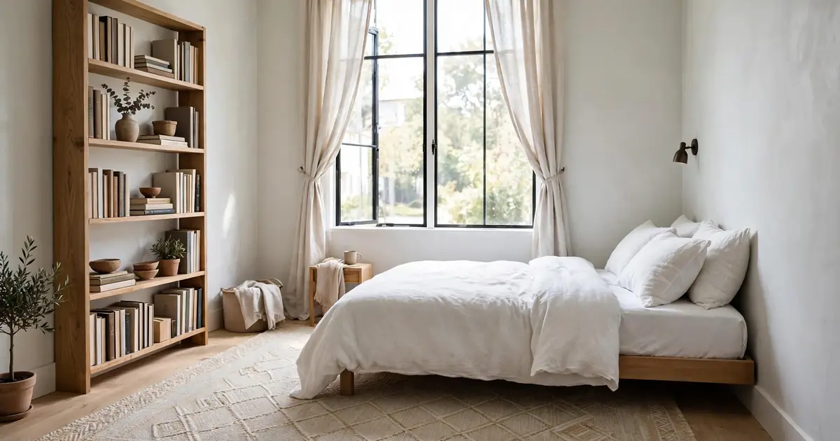 Small bedroom that feels spacious with a corner bed and tall bookcase