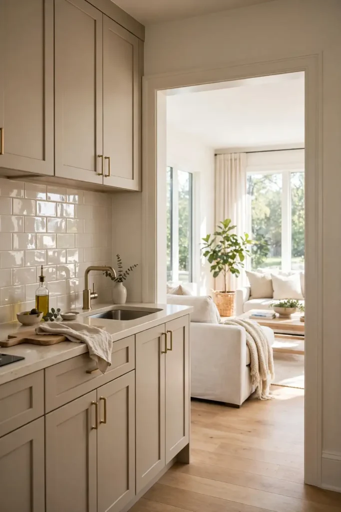Small beige kitchen brightened with borrowed light from an opening