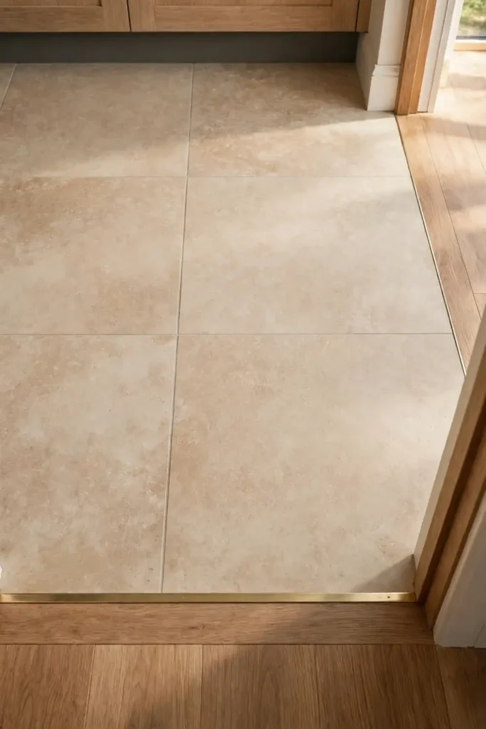 Limestone-look tile flooring in a beige kitchen
