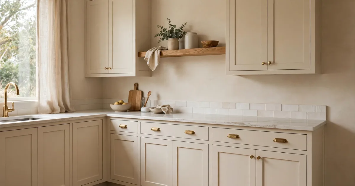 Warm beige kitchen with cream shaker cabinets and brass hardware
