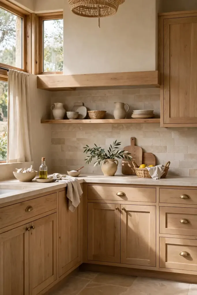Beige kitchen in natural oak and limestone with no painted cabinets