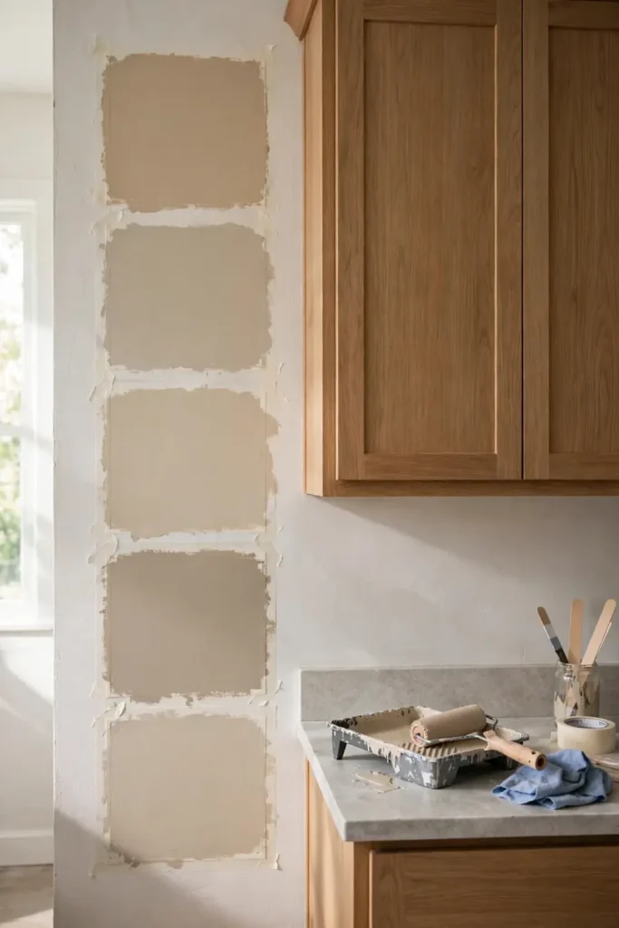 Beige paint sample boards tested on a kitchen wall in daylight