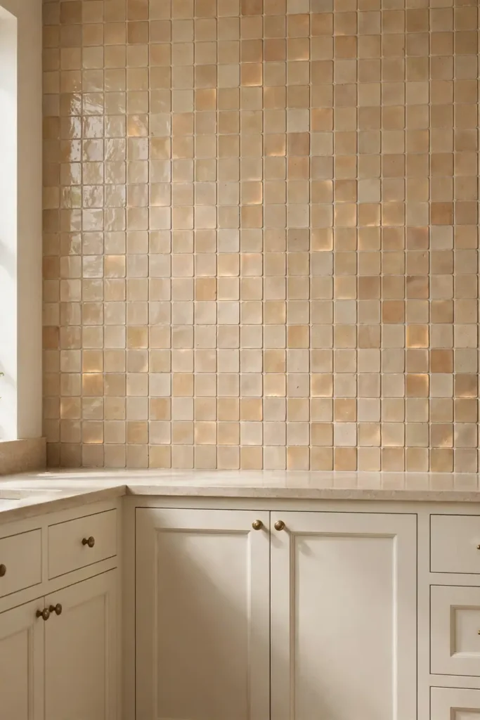 Handmade-look zellige tile backsplash in a beige kitchen