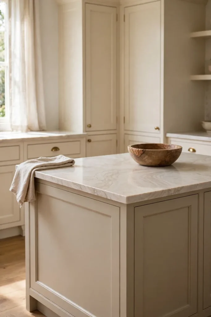 Veined quartz countertop beside cream cabinets in a beige kitchen