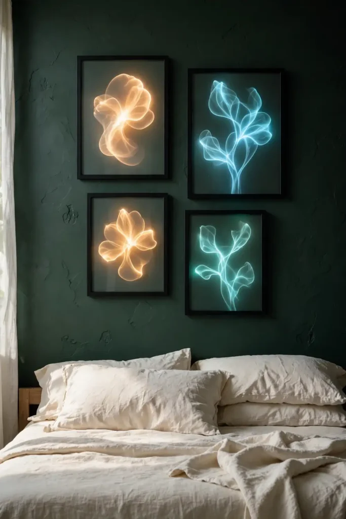 Black-framed art on a deep green bedroom wall