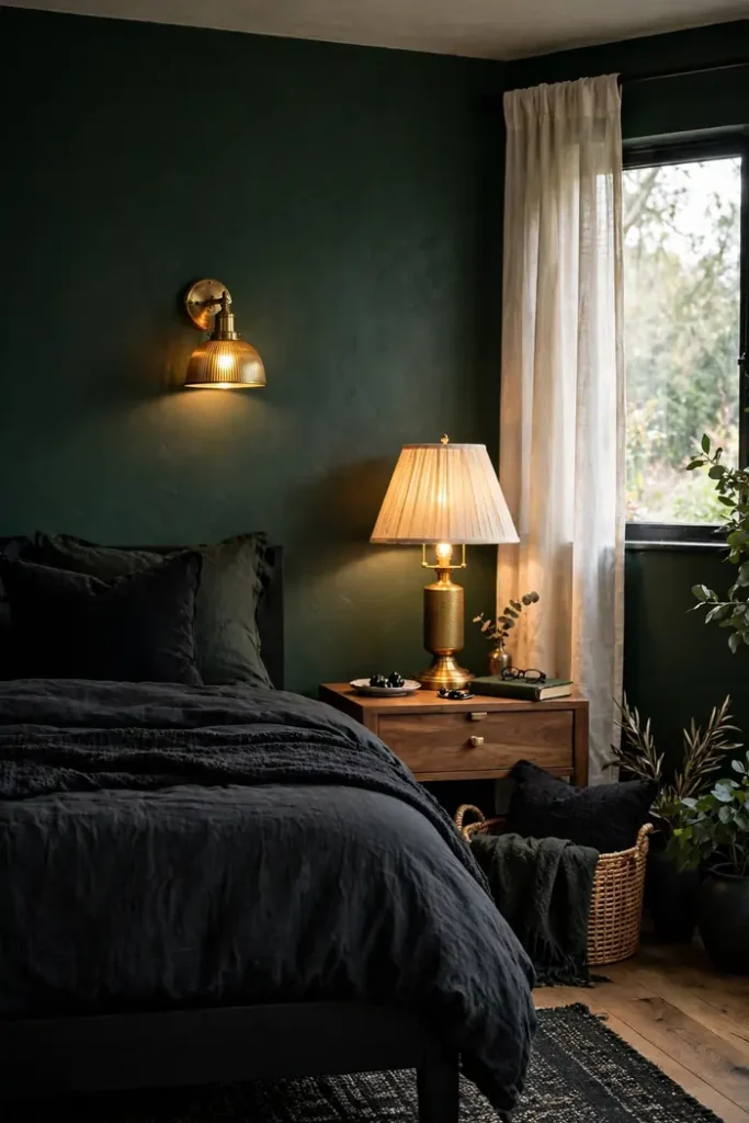 Brass sconce and lamp glowing against deep green walls
