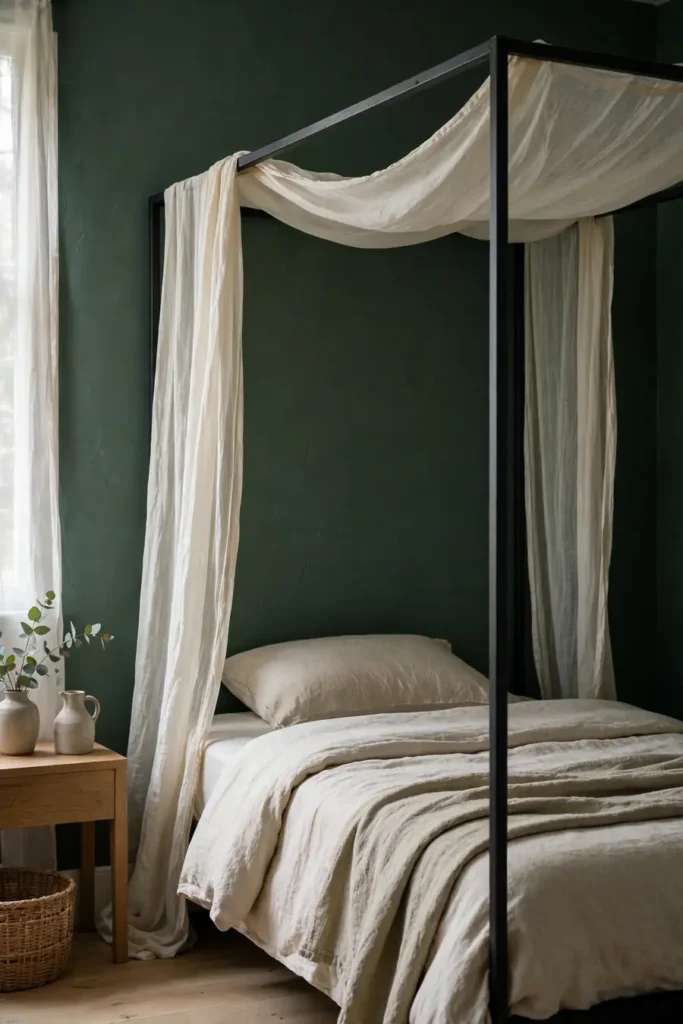 Simple sheer canopy drape over a bed in a dark green bedroom