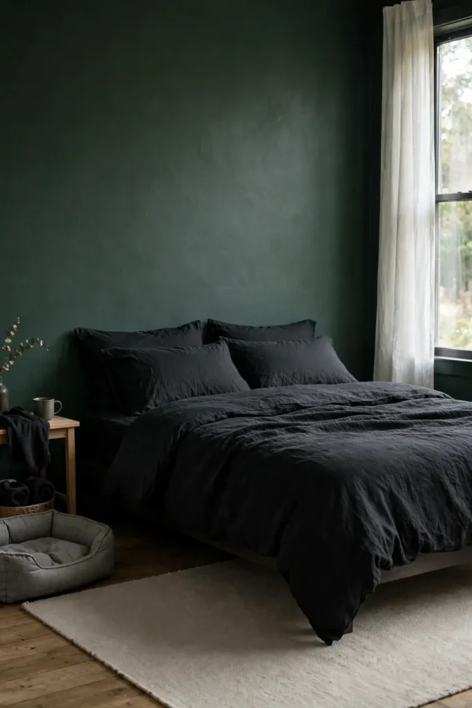 Durable dark bedroom with washable rug and a dog bed
