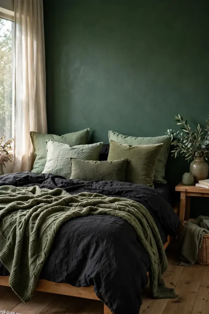 Sage and olive pillows layered over black sheets