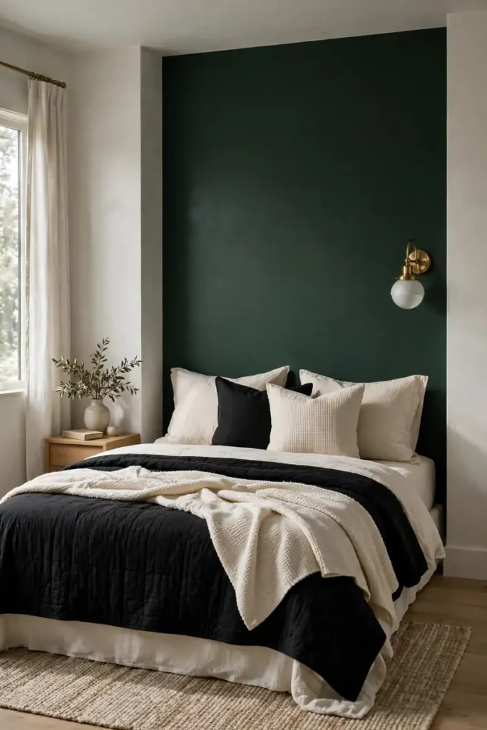 Deep green headboard wall with black and cream bedding