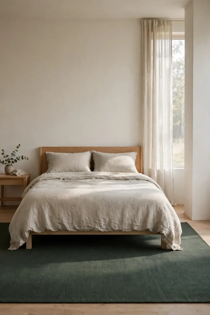 Large dark-green rug extending past the bed on both sides