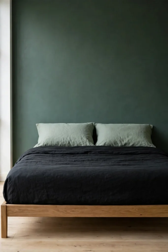 Black sheets layered with sage pillows and a textured throw