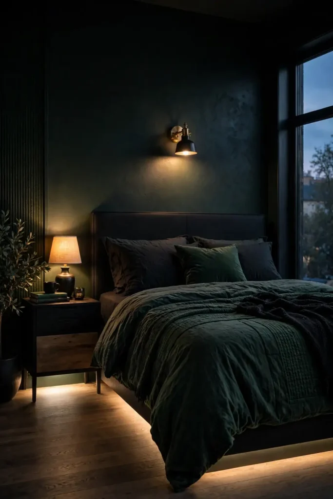 Bedside lamp, sconce and floor wash lighting a dark bedroom